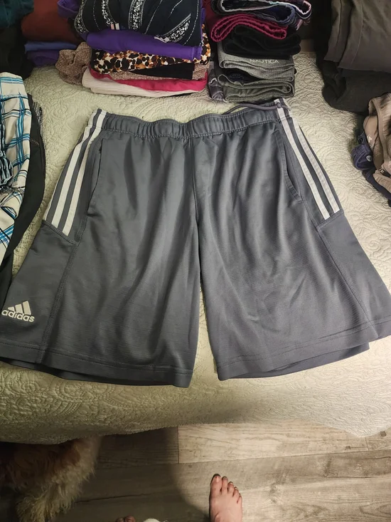 Adidas Men’s Gray Athletic Shorts with White Stripes - Picture 1 of 5